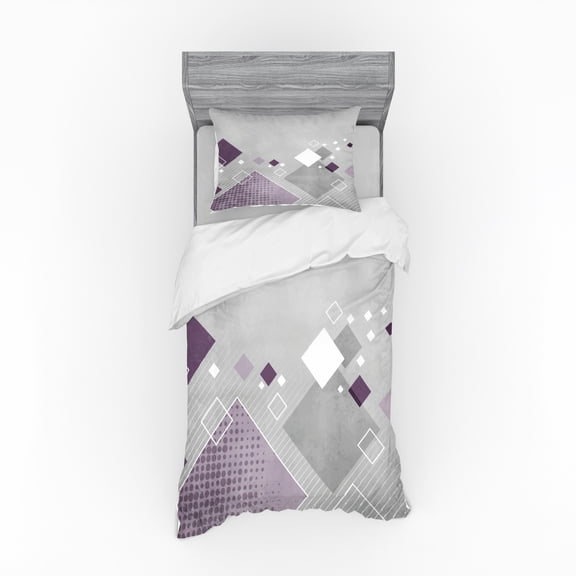 Ambesonne Abstract Bedding Set 3 Pcs, Colorful Squares Dots, Twin, Purple White Grey