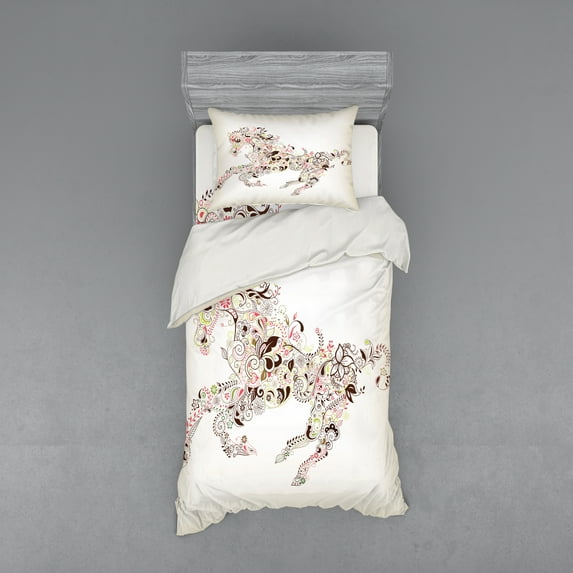 Ambesonne Abstract Bedding Set 3 Pcs, Floral Horse Paisley, Twin XL, Green Brown Pink