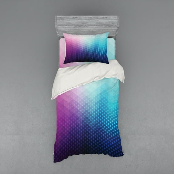 Ambesonne Abstract Bedding Set 3 Pcs, Geometric Fractal Triangle, Twin, Pink Blue