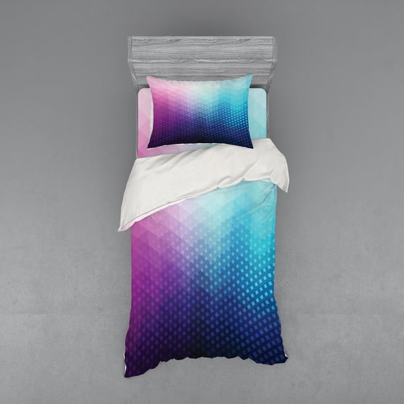 Ambesonne Abstract Bedding Set 3 Pcs, Geometric Fractal Triangle, Twin XL, Pink Blue