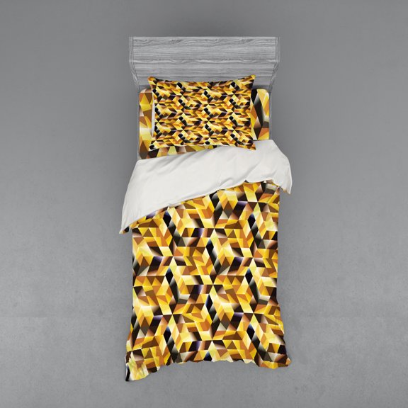 Ambesonne Abstract Bedding Set 3 Pcs, Graphic Cubes Blocks, Twin XL, Black Yellow Brown