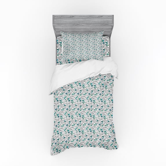Ambesonne Abstract Bedding Set 3 Pcs, Graphic Doodle Leaves Blue, Twin XL, Multicolor