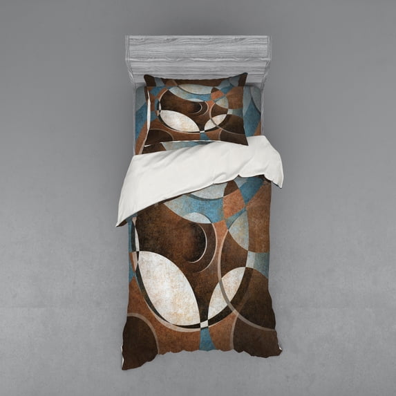 Ambesonne Abstract Bedding Set 3 Pcs, Grunge Vintage Rounds, Twin XL, Umber Slate Blue