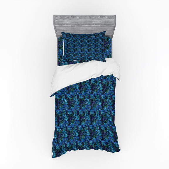 Ambesonne Abstract Bedding Set 3 Pcs, Imprints Pattern of Leafs, Twin XL, Blue Indigo and Green