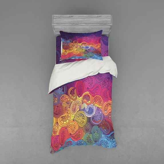 Ambesonne Abstract Bedding Set 3 Pcs, Leaf Shaped Wavy Boho, Twin XL, Multicolor