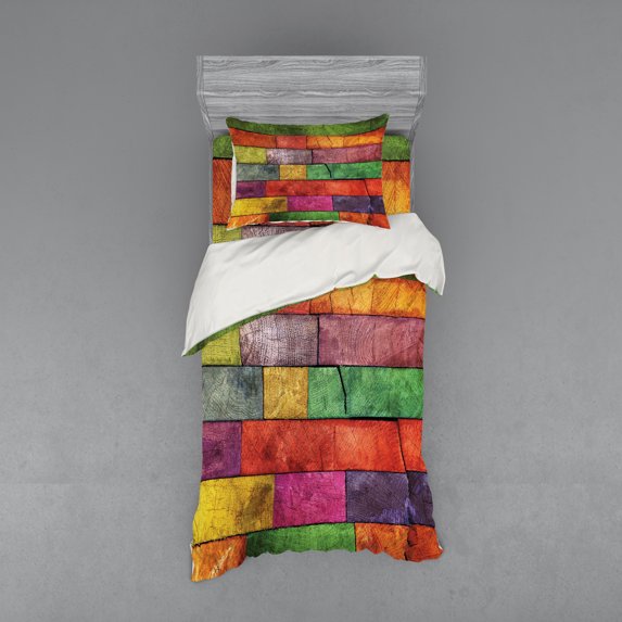 Ambesonne Abstract Bedding Set 3 Pcs, Rainbow Timber Art, Twin, Multicolor