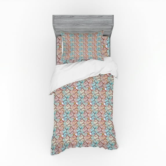 Ambesonne Abstract Bedding Set 3 Pcs, Soft Colored Tangled Lines, Twin, Multicolor