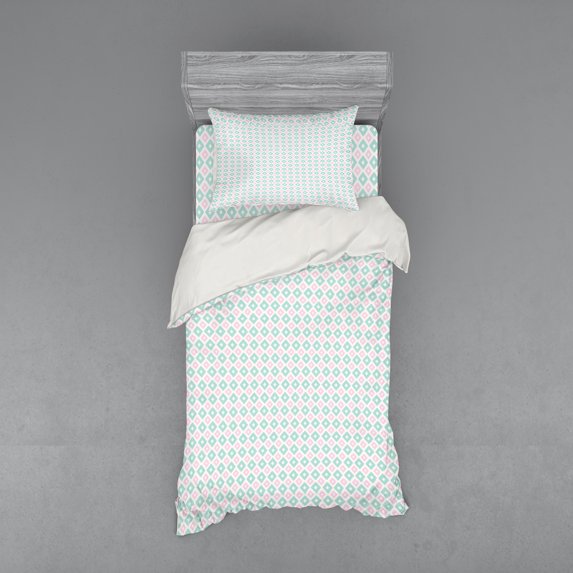 Ambesonne Abstract Bedding Set 3 Pcs, Soft Toned Diamond Shapes, Twin XL, Mint Green Pale Pink
