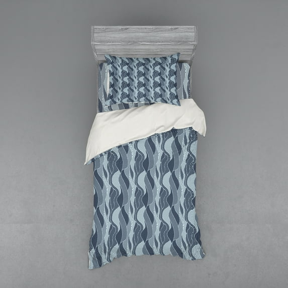 Ambesonne Abstract Bedding Set 3 Pcs, Waves Circles and Dots, Twin XL, Pale Blue Dark Blue