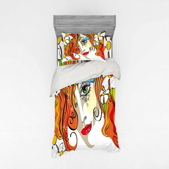 Ambesonne Abstract Bedding Set 3 Pcs, Woman Red Hair Floral, Twin, Multicolor