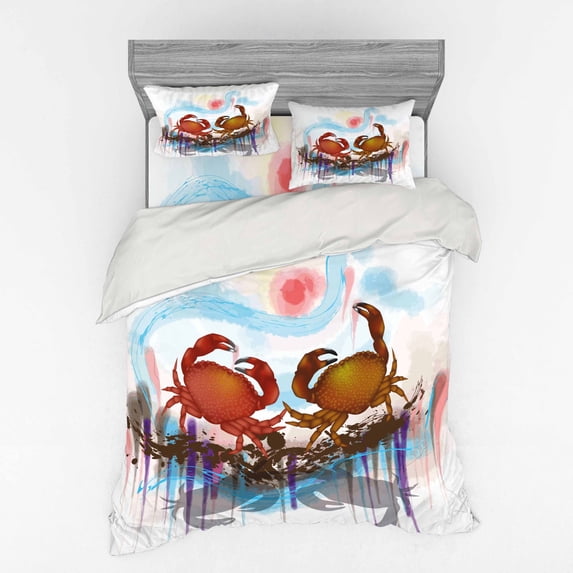 Ambesonne Abstract Bedding Set 4 Pcs, 2 Crabs Dancing Sea, Queen, Brown Pale Blue