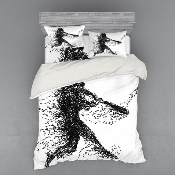 Ambesonne Abstract Bedding Set 4 Pcs, Baseball Player, Queen, Charcoal Grey White