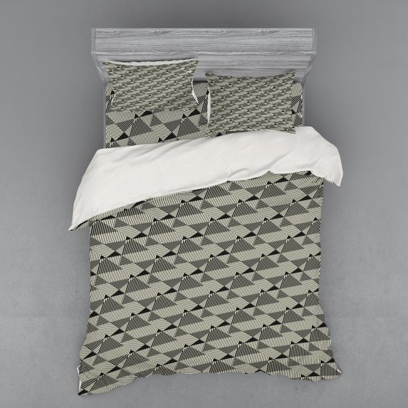 Ambesonne Abstract Bedding Set 4 Pcs, Complex Stripes Polygons, Queen, Dark Taupe Grey and Ivory