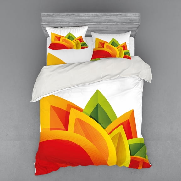 Ambesonne Abstract Bedding Set 4 Pcs, Digital Autmun Leaf, Queen, Orange Green