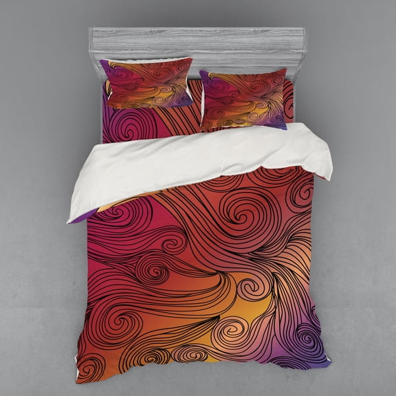 Ambesonne Abstract Bedding Set 4 Pcs, Doodle Waves with Stripes, Queen, Multicolor