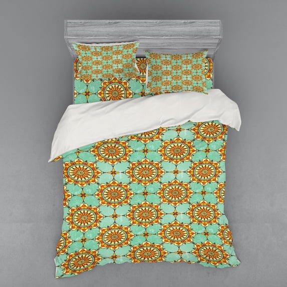 Ambesonne Abstract Bedding Set 4 Pcs, Eastern Victorian Form, Queen, Mint Orange