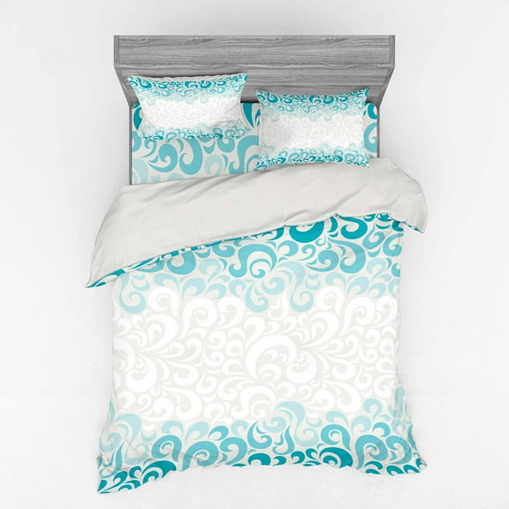 Ambesonne Abstract Bedding Set 4 Pcs, Floral Classic Design, Queen, Teal Turquoise White