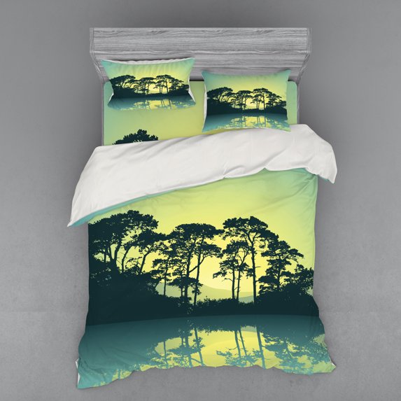 Ambesonne Abstract Bedding Set 4 Pcs, Forest Tree Landscape, Queen, Blue and Green