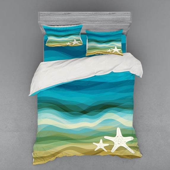 Ambesonne Abstract Bedding Set 4 Pcs, Modern Waves Starfish, Queen, Blue Beige