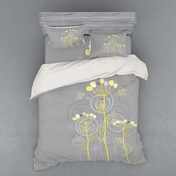 Ambesonne Abstract Bedding Set 4 Pcs, Nature Beauty Flower Twigs, Queen, Grey Yellow
