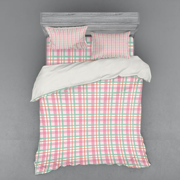 Ambesonne Abstract Bedding Set 4 Pcs, Pastel Color Checkered, Queen, Mint Salmon Pale Pink