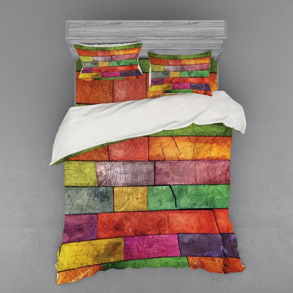 Ambesonne Abstract Bedding Set 4 Pcs, Rainbow Timber Art, Queen, Multicolor