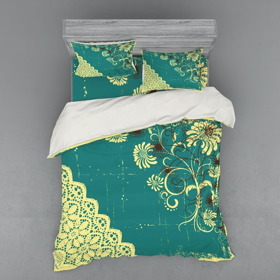 Ambesonne Abstract Bedding Set 4 Pcs, Retro Flora Lace Frame, Queen, White and Jade Green