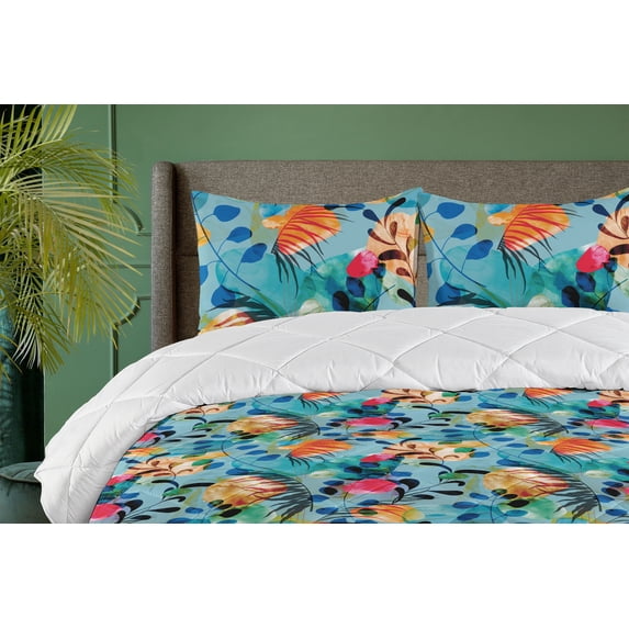 Ambesonne Abstract Boho Down Alternative Quilt Comforter, Tropical Feels Leaves, King, Seafoam Multicolor