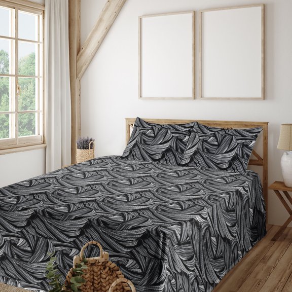 Ambesonne Abstract Boho Fitted & Flat Sheet with Shams 4 Pcs Set, Modern Tentacles Art, King, Charcoal Grey and Pale Grey