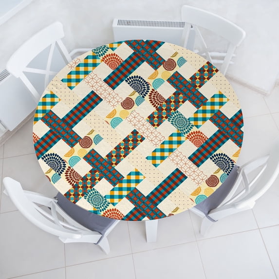 Ambesonne Abstract Boho Fitted Round Tablecloth, Trippy Geometric Grid, 56"- 60" Diameter, Cream Sea Blue Raspberry