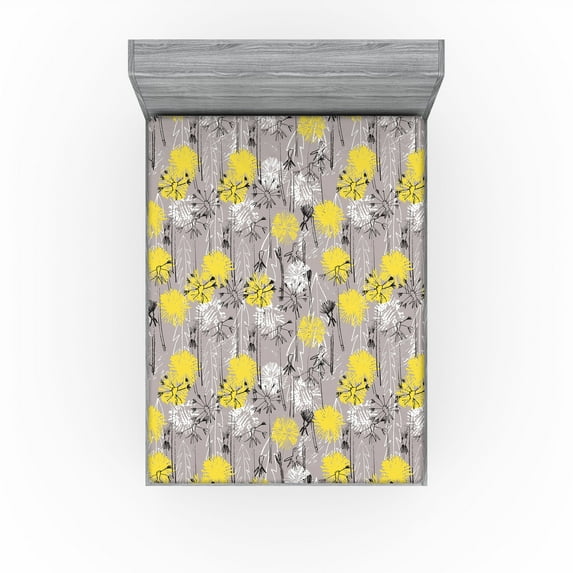 Ambesonne Abstract Boho Fitted Sheet, Prehistoric Art Bloom, California King, Taupe Grey White Yellow