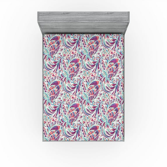 Ambesonne Abstract Boho Fitted Sheet, Vintage Leafy Motif, California King, Almond Green Magenta