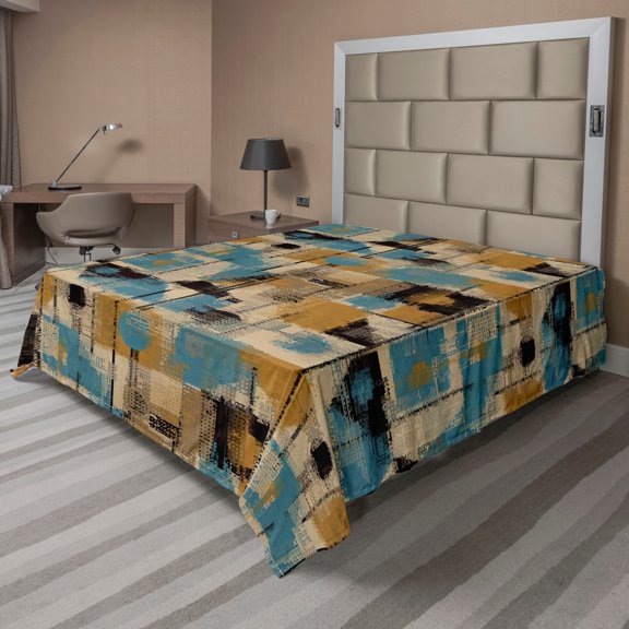 Ambesonne Abstract Boho Flat Bedding Sheet Soft Top Sheet, Modern Triangles Dots, Full, Dark Yellow Sea Blue