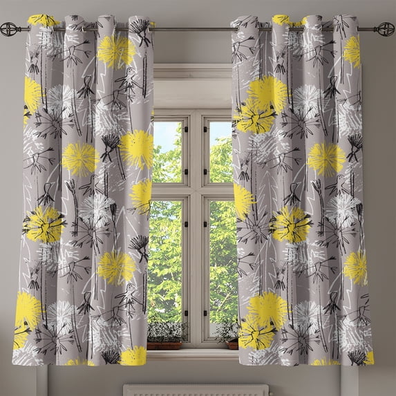 Ambesonne Abstract Boho Grommet Curtain, Prehistoric Art Bloom, 50"x60", Taupe Grey White Yellow