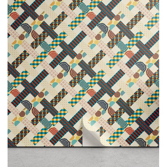 Ambesonne Abstract Boho Peel & Stick Wallpaper for Home, Trippy Geometric Grid, 13"x36", Cream Sea Blue Raspberry
