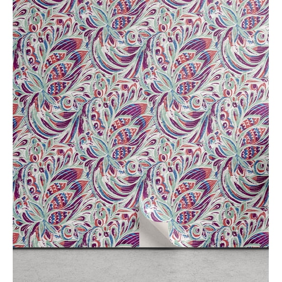 Ambesonne Abstract Boho Peel & Stick Wallpaper for Home, Vintage Leafy Motif, 13"x36", Almond Green Magenta