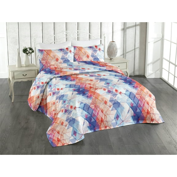 Ambesonne Abstract Boho Quilted Bedspread Set 3 Pcs, Sketchy Leaf Pattern, Twin, White Multicolor