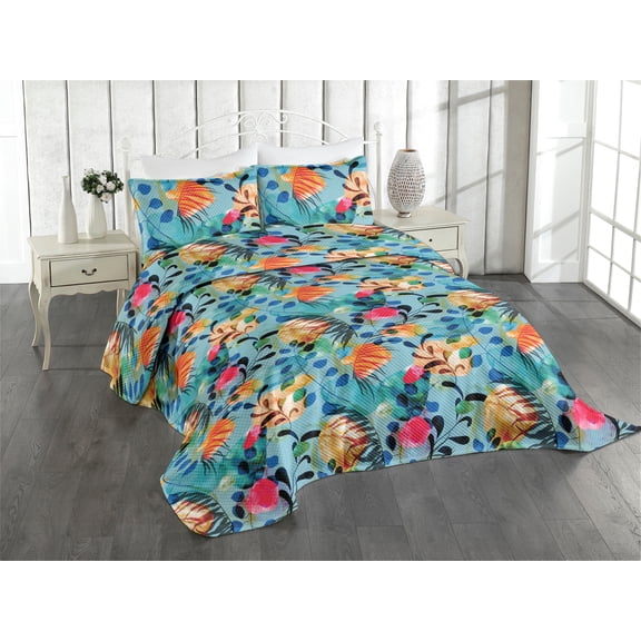 Ambesonne Abstract Boho Quilted Coverlet 2 Pcs, Tropical Feels Leaves, Twin Size, Seafoam Multicolor