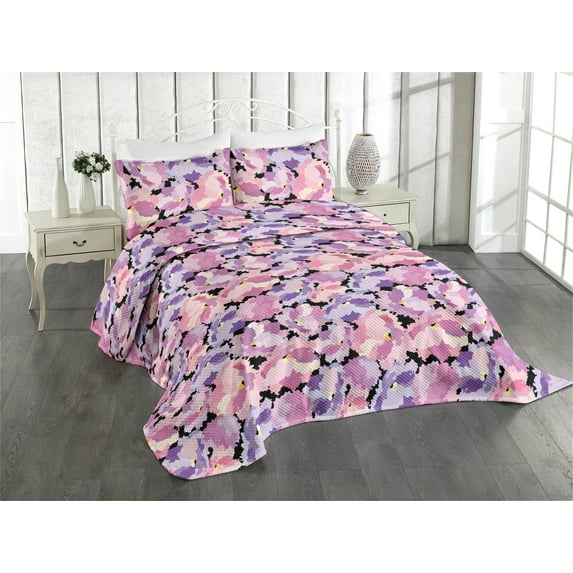 Ambesonne Abstract Boho Quilted Coverlet 3 Pcs, Floral Contemporay, Queen Size, Fuchsia Pale Pink Cream
