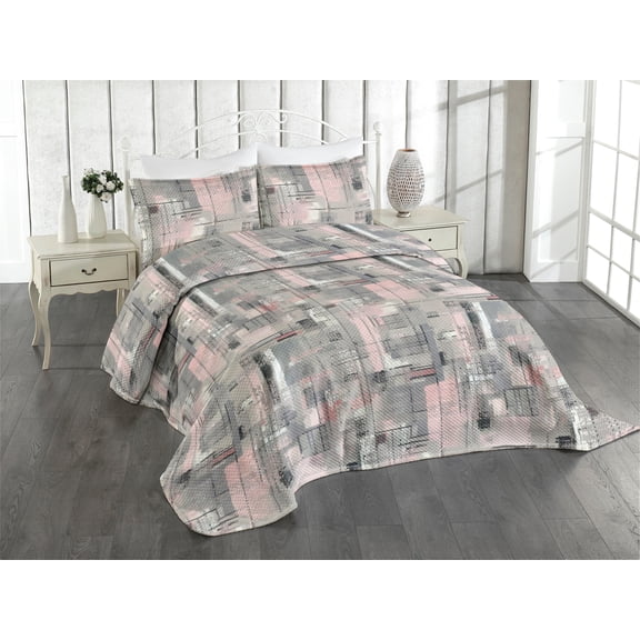 Ambesonne Abstract Boho Quilted Coverlet 3 Pcs, Grungy Stripes Dots, Queen Size, Soft Pink Blue Grey