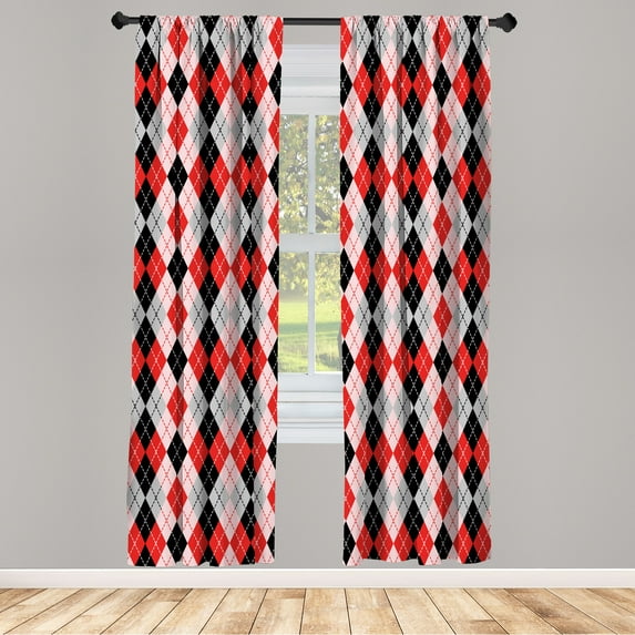 Ambesonne Abstract Curtains, Argyle Motif Stripes Print, Pair of 28"x84", Scarlet Black