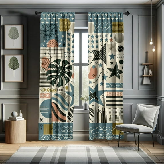 Ambesonne Abstract Curtains, Art Monstera Stars Memphis, Pair of 28"x63", Slate Blue Eggshell Fawn