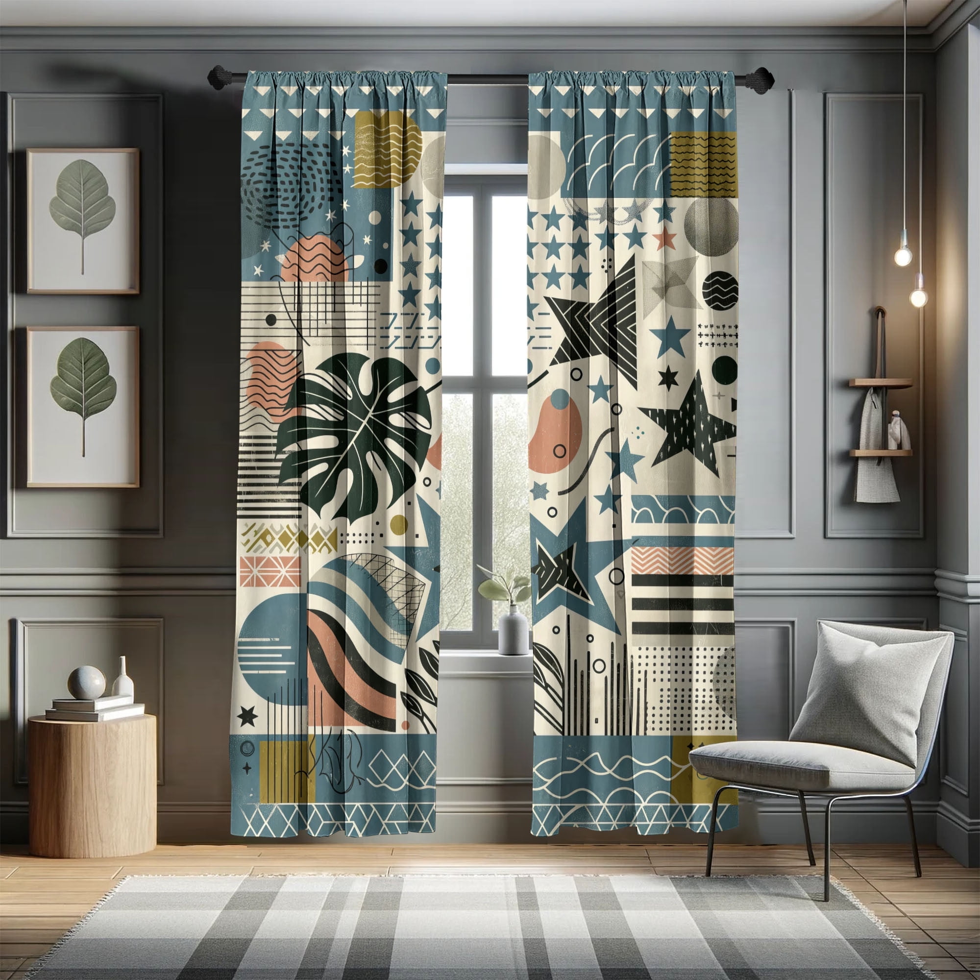 Ambesonne Abstract Curtains, Art Monstera Stars Memphis, Pair of 28