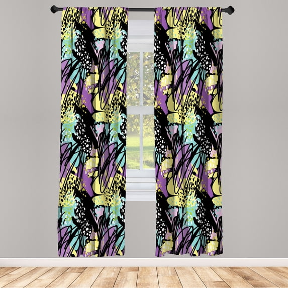 Ambesonne Abstract Curtains, Brush Strokes Modern Art, Pair of 28"x63", Yellow Purple
