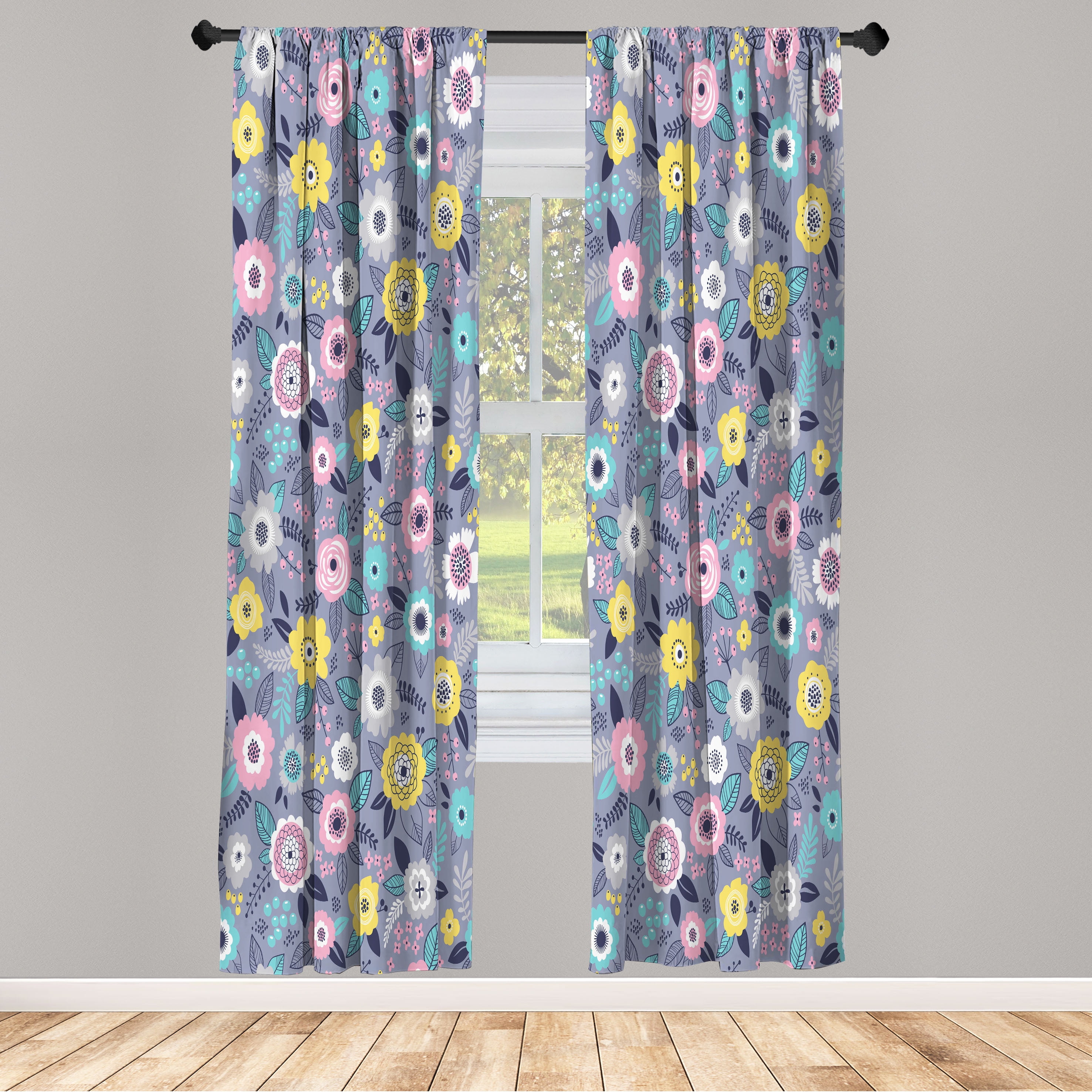 Colorful Floral Microfiber Semi-Sheer Rod Pocket Curtain Panels