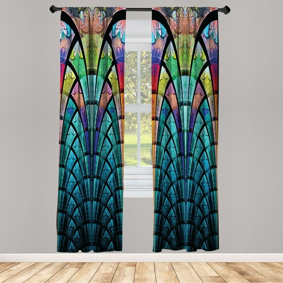 Ambesonne Abstract Curtains, Curves Grungy Colors, Pair of 28"x63", Multicolor