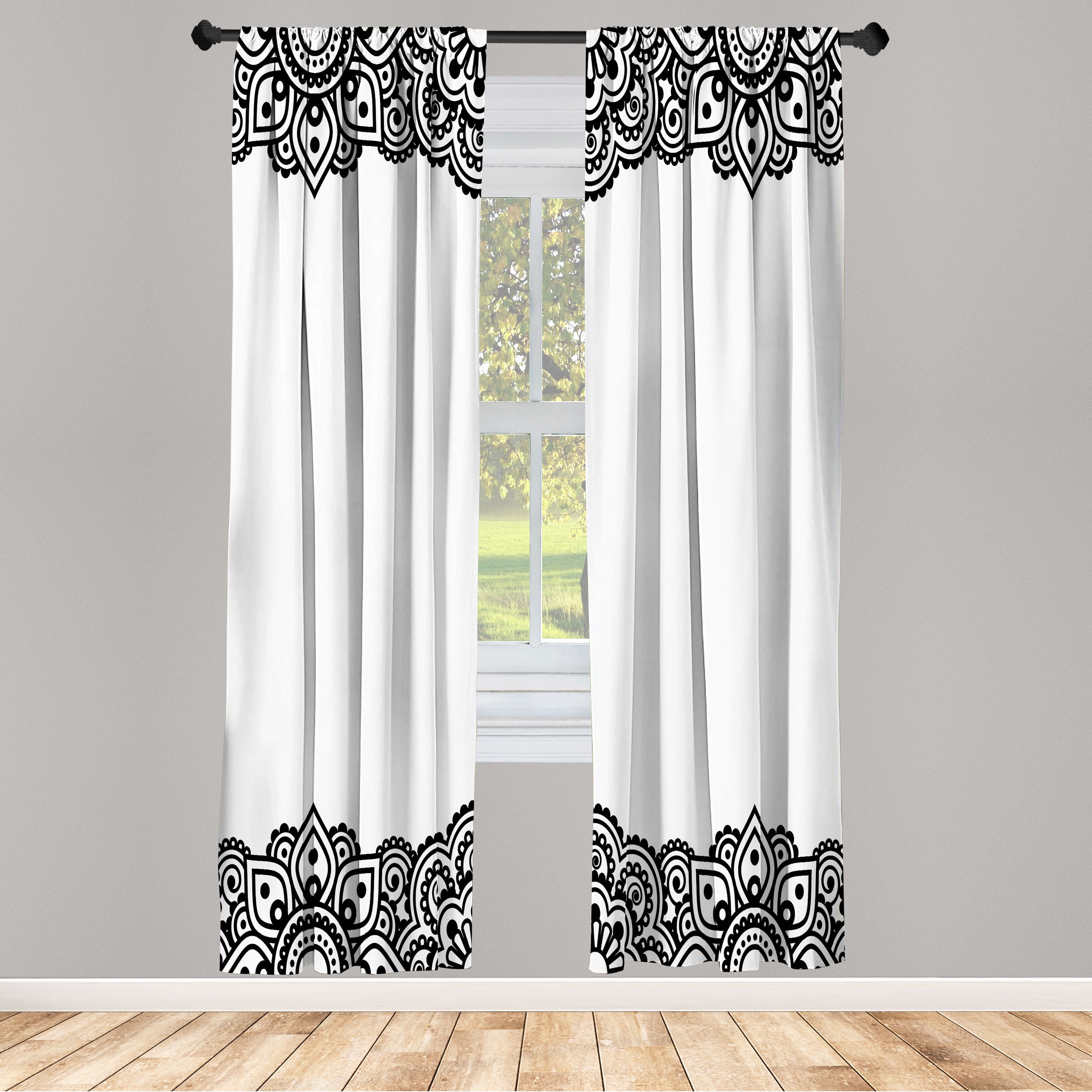 Black and White Abstract Damask Light-Filtering Curtain Panels