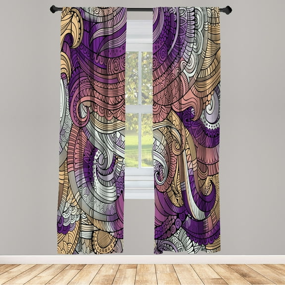 Ambesonne Abstract Curtains, Paisley Pattern Swirled, Pair of 28"x63", Ecru Violet