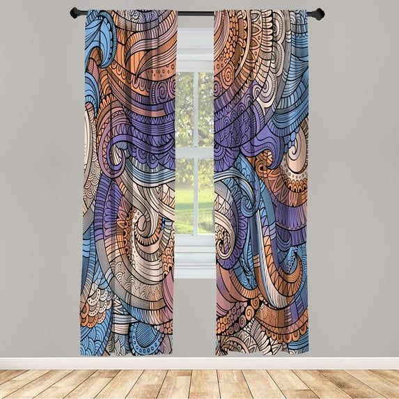 Ambesonne Abstract Curtains, Paisley Pattern Swirled, Pair of 28"x84", Blue Violet