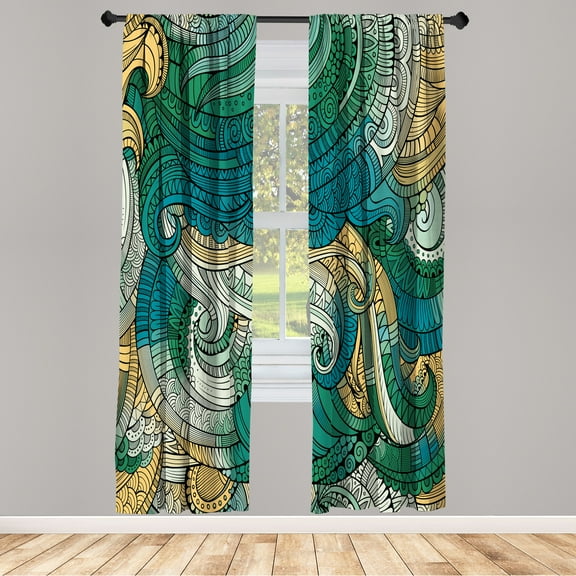 Ambesonne Abstract Curtains, Paisley Pattern Swirled, Pair of 28"x84", Dark Seafoam